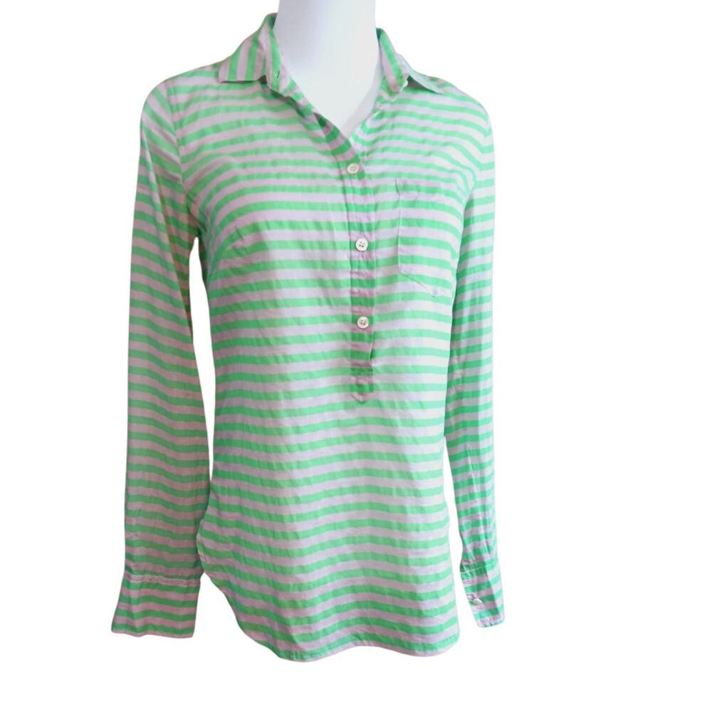 J. CREW Silk Cotton Lightweight‎ Shirt Top Blouse Size 00 XS Green Gray Stripes